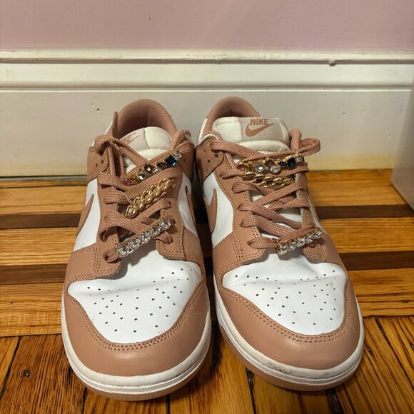 White/Rose Nike Dunk Lows with Shoelace Accessory - Picture 3 of 5